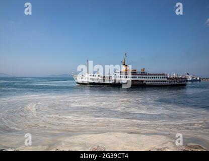 Istanbul. Juni 2021. Das am 11. Juni 2021 aufgenommene Foto zeigt Schleim, bekannt als Seesnot im Marmarameer vor Istanbul, Türkei. Die Türkei hat sich bereit gemacht, den Schleim zu bekämpfen, der das Marmarameer in der dicht besiedelten Industrieregion des Landes heimsucht. Quelle: Osman Orsal/Xinhua/Alamy Live News Stockfoto