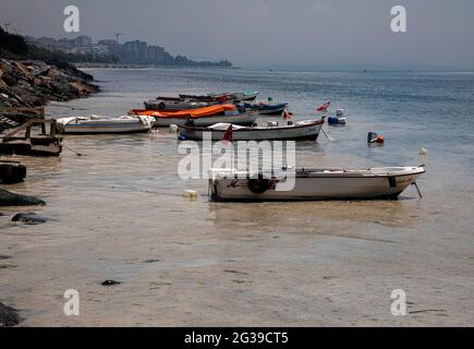 Istanbul. Juni 2021. Das am 11. Juni 2021 aufgenommene Foto zeigt Schleim, bekannt als Seesnot im Marmarameer vor Istanbul, Türkei. Die Türkei hat sich bereit gemacht, den Schleim zu bekämpfen, der das Marmarameer in der dicht besiedelten Industrieregion des Landes heimsucht. Quelle: Osman Orsal/Xinhua/Alamy Live News Stockfoto