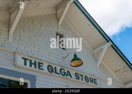 Detail des alten Olga-Ladens auf der Orcas-Insel auf den San Juan-Inseln im US-Bundesstaat Washington. Stockfoto