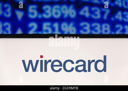 Brasilien. Juni 2021. In dieser Abbildung ist ein Logo der Wirecard AG zu sehen, das auf einem Smartphone mit den Börseninformationen im Hintergrund angezeigt wird. (Foto von Rafael Henrique/SOPA Images/Sipa USA) Quelle: SIPA USA/Alamy Live News Stockfoto