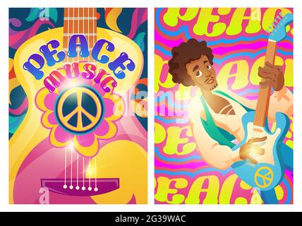 Friedensplakate mit Hippie-Schild und Mann mit Gitarre. Woodstock Festival-Stil. Vektor-Flyer mit Cartoon psychedelischer Muster. Retro-Musik der 60er und 70er Jahre Stock Vektor