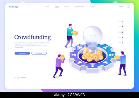 Crowdfunding isometrische Landing Page. Die Menschen spenden Geld für die Unterstützung von Ideen und stecken Münzen in riesige Glühbirnen. Konzept der Plattform für soziale Hilfe, Philanthropie, Spenden und Wohltätigkeitsorganisationen, 3d-Vektor-Webbanner Stock Vektor