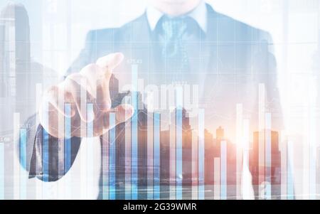 Blue-Chart-Diagramme mit doppelter Belichtung, Finanzdiagramme und -Diagramme. Stockfoto