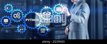 Python High Level Programmiersprache. Kommunikationstechnologie-Konzept. Stockfoto