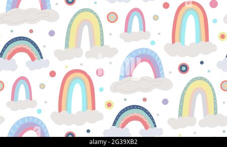 Niedliche kindliche Muster mit verschiedenen Regenbogen, Wolke auf weißem Hintergrund mit bunten Punkten. Vektor flache natürliche Textur. Sanfte Himmelstapete. Backdro Stock Vektor