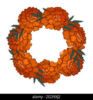Runder Rahmen mit farbenfroher Skizze von Ringelblumen und Kopierraum. Einladungskarten mit Girlande aus Blütenkopf. Vektor orange Farbe natürliche Vorlage für po Stock Vektor