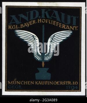 Werbung, Plakat Briefmarken, Büroausstattung, "und. Kaut', München, um 1910, ZUSÄTZLICHE-RIGHTS-CLEARANCE-INFO-NOT-AVAILABLE Stockfoto