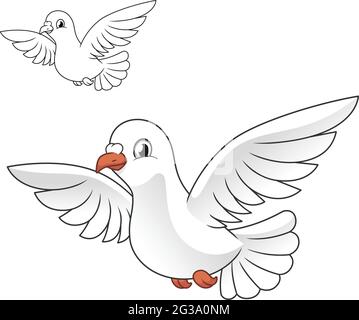 Niedliche glückliche weiße Taube Fliegen mit Linienkunstzeichnung, Tiervögel, Vektor-Charakterillustration, Cartoon-Maskottchen-Logo auf isoliertem weißem Hintergrund. Stock Vektor