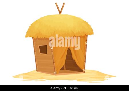 Strandbungalow, Tiki-Hütte mit Strohdach, Bambus- und Holzdetails auf Sand im Cartoon-Stil isoliert auf weißem Hintergrund. Fantasy Gebäude, Urlaub Stock Vektor