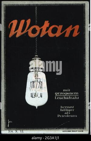 Werbung, Plakatstempel, Beleuchtung, 'Wotan', Carbon-Glühlampe, CIRCA 1910, ZUSÄTZLICHE-RIGHTS-CLEARANCE-INFO-NOT-AVAILABLE Stockfoto