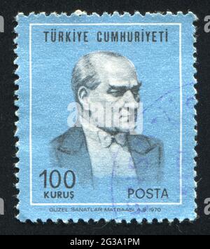 TÜRKEI - UM 1970: Briefmarke gedruckt von der Türkei, zeigt Präsident Kemal Atatürk, um 1970. Stockfoto