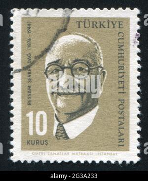 TÜRKEI - UM 1964: Briefmarke gedruckt von der Türkei, zeigt Sevket Dag, Maler, um 1964. Stockfoto