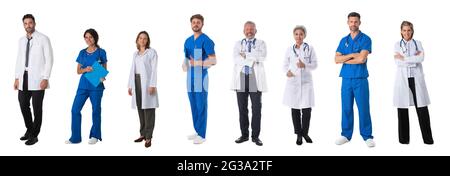 Sammlung von Porträts von Ärzten in voller Länge. Design-Element, Studio isoliert auf weißem Hintergrund Stockfoto