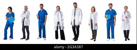 Satz voller Porträts von Medizinern, Ärzten und Krankenschwestern, isoliert auf weißem Hintergrund Stockfoto