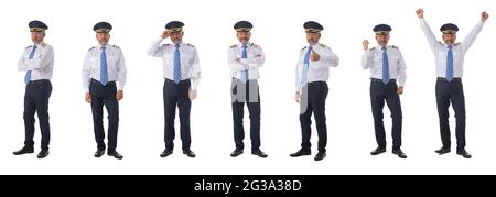 Foto eines Piloten der Fluggesellschaft mit den vier Bar Kapitäne Schulterklappen, erster Pilot, Flugzeugkommandant, isoliert auf weißem Hintergrund, Satz von voller Länge Stockfoto