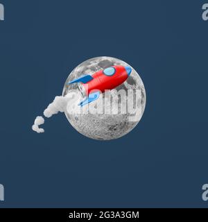Cartoon Raumschiff Fliegen um den Mond auf blauem Hintergrund Stockfoto