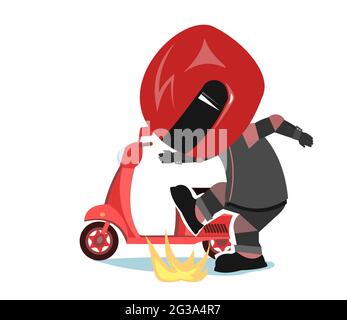 Motorroller-Fahrer. Biker-Cartoon. Abbildung für Kinder. Löscht das Feuer. In einer Sportuniform und einem roten Helm. Cooler Motorradfahrer. Isoliert auf Weiß Stock Vektor