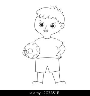 Niedlicher Junge Fußballspieler steht und hält den Ball in der Hand. Kind mit einem Fußball im Doodle- und Liner-Stil. Vektorgrafik auf Weiß Stock Vektor