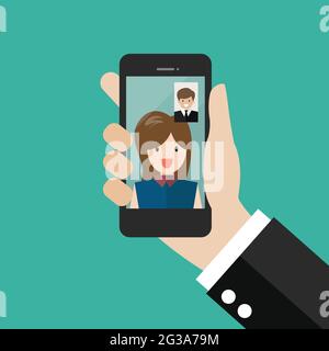 Mann und Frau führen im Geschäft einen Videoanruf durch. Business-Videoanruf-Konzept Stock Vektor