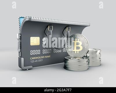 3d-Rendering von Open CardBank mit Silbermünzen Bitcoin. Das Konzept der Krypto-Währung, einschließlich des Clipping-Pfades. Stockfoto