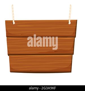 Hängender hölzerner Wegweiser mit Seil, strukturierter Rahmen im Cartoon-Stil isoliert auf weißem Hintergrund. UI-Asset, Design-Element. Ländliche Kette, altes Holz. Ve Stock Vektor