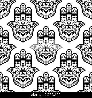 Hamsa Hand mit Mandala Vektor nahtlose Muster - dekorative böse Auge Symbol des Schutzes Textil-oder Stoff-Druck-Design Stock Vektor