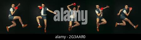 Junger kaukasischer Mann spielt Tennis isoliert auf schwarzem Studiohintergrund im Retro-Stil, Action und Motion-Konzept Stockfoto