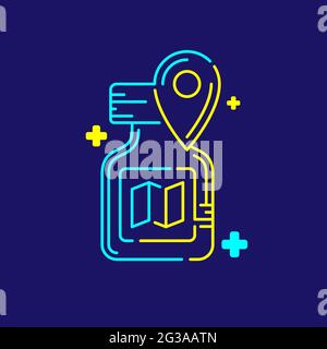 Logo covid-19 Impfstoffflaschenkarte und GPS-Navigationsschild mit Kreuzsymbol, Illustration zur Impfkampagne Reiseblasenführung blau, gelbe Farbe isol Stock Vektor