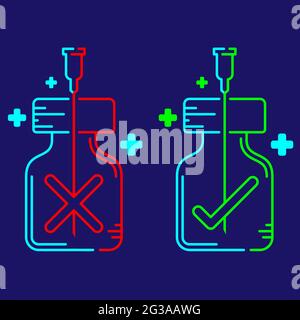 Logo covid-19 Impfstoff Kreuz- und Häkchen-Zeichen in Flasche und Spritze Spitze mit Kreuz-Symbol, Impfung Nebenwirkungen Risiko richtige und falsche Wahl illust Stock Vektor