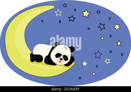 Gute Nacht Grußkarte mit niedlichem schlafenden Panda auf dem Mond am Sternenhimmel Stock Vektor