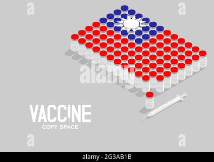 Isometrische Covid-19-Impfstoffflasche und -Spritze, Taiwan-Nationalflaggenform, Globale Impfkampagne – Abbildung des Länderkonzepts isoliert auf Stock Vektor