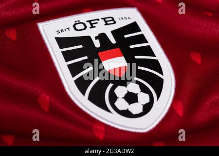 Nahaufnahme des Fußballtrikots der österreichischen Nationalmannschaft. UEFA Euro 2020. Stockfoto