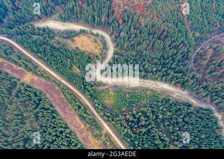 Luftaufnahme der Berge im Herbst. Die Straße entlang des kurvenreichen Flusses. Wunderschöne Naturlandschaft. Prut River, Karpaten Berge. Ukraine Stockfoto