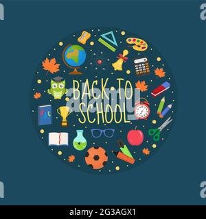 Back to School-Ikone in runder Form, flach, Cartoon-Stil. Education Kollektion von Design-Elementen mit Papeterie, Bleistift, Stift, Radierer, Globus Stock Vektor