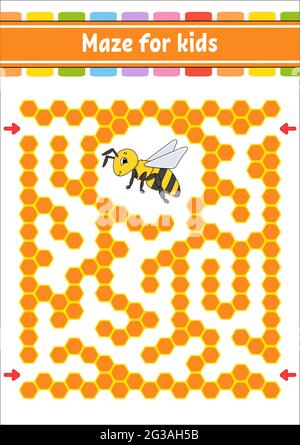 Rechteckiges Farblabyrinth. Gestreifte Biene. Spiel für Kinder. Lustiges Labyrinth. Arbeitsblatt zur Entwicklung von Schulungen. Aktivitätsseite. Puzzle für Kinder. Zeichentrickfilm Stock Vektor