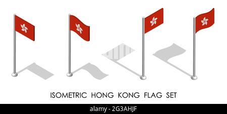 Isometrische Flagge hongkongs in statischer Position und in Bewegung auf Fahnenmast. 3d-Vektor Stock Vektor