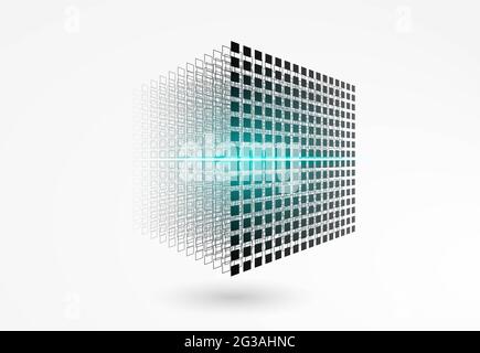 Blockchain-Technologie. Big-Data-Würfel. 3D geometrische Würfel aus kleinen Stücken. Stockfoto