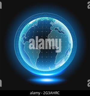 Holographischer Globus mit Kontinenten. Computer Hologramm Business Internet Hintergrund. Bild. Stockfoto