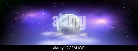 Nocni oblohaSchönes, breites Bild des Weltraums mit Vollmond, der hinter den Wolken verborgen ist. Mystischer Nachthimmel mit Sternen Kometen und Milchstraße. Illustration. Stockfoto