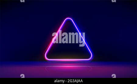 Runde Ecke Neon glühenden Dreieck mit Reflexionen auf dem Boden. Moderne Neonlichter psychedelischer Hintergrund mit Platz für Text. Abbildung. Stockfoto