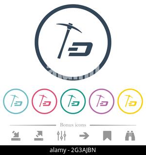 Dash Kryptowährung Mining mit Schatz flache Farbe Symbole in runden Umrissen. 6 Bonus-Symbole enthalten. Stock Vektor