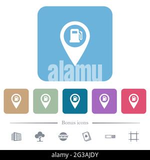 Tankstellen-GPS-Kartenposition weiße flache Symbole auf abgerundeten quadratischen Hintergründen. 6 Bonus-Symbole enthalten Stock Vektor