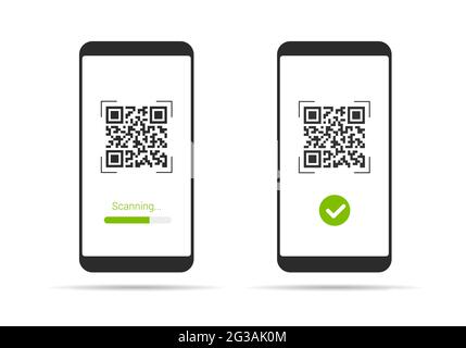Flache Design-Abbildung des Smartphones mit Touchscreen und QR-Code-Scanning-Symbol. Isoliert auf weißem Hintergrund - Vektor Stock Vektor
