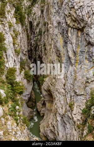 Schlucht Congosto de Obarra (Foz d'Obarra) mit dem Fluss Isábena (Isábena-Tal, Huesca, Aragon, Spanien) ESP: TRAMO del Congosto de Obarra, Foz d'Obarra Stockfoto