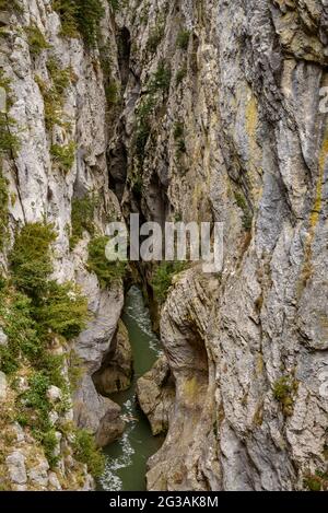 Schlucht Congosto de Obarra (Foz d'Obarra) mit dem Fluss Isábena (Isábena-Tal, Huesca, Aragon, Spanien) ESP: TRAMO del Congosto de Obarra, Foz d'Obarra Stockfoto