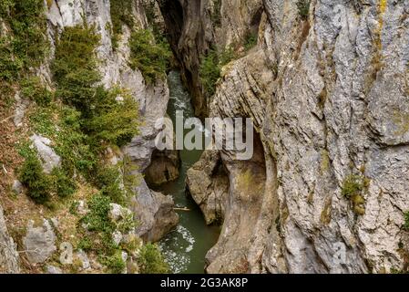 Schlucht Congosto de Obarra (Foz d'Obarra) mit dem Fluss Isábena (Isábena-Tal, Huesca, Aragon, Spanien) ESP: TRAMO del Congosto de Obarra, Foz d'Obarra Stockfoto