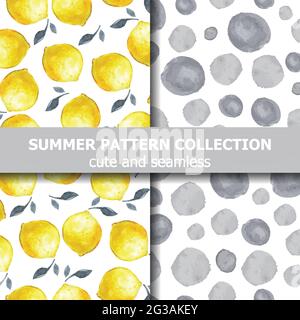 Leckere Sommer-Musterkollektion mit wasserfarbenen Zitronen und Punkten. Sommerbanner. Vektor Stock Vektor