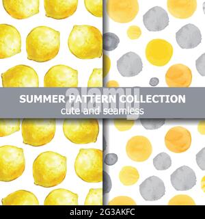 Sommer-Musterkollektion mit wasserfarbenen Zitronen und Punkten. Sommerbanner. Vektor Stock Vektor