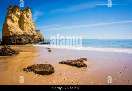 Klippen von Praia da Dona Ana, Sandstrand mit klarem blauen Wasser an einem sonnigen Tag, keine Menschen, Lagos, Algarve, Portugal Stockfoto