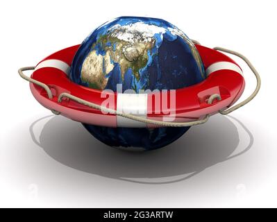 Die Rettung des Planeten Erde. Planet Erde und Rettungsboje auf einer weißen Oberfläche. Das Konzept der Rettung des Planeten Erde. Isoliert. 3D-Illustration Stockfoto